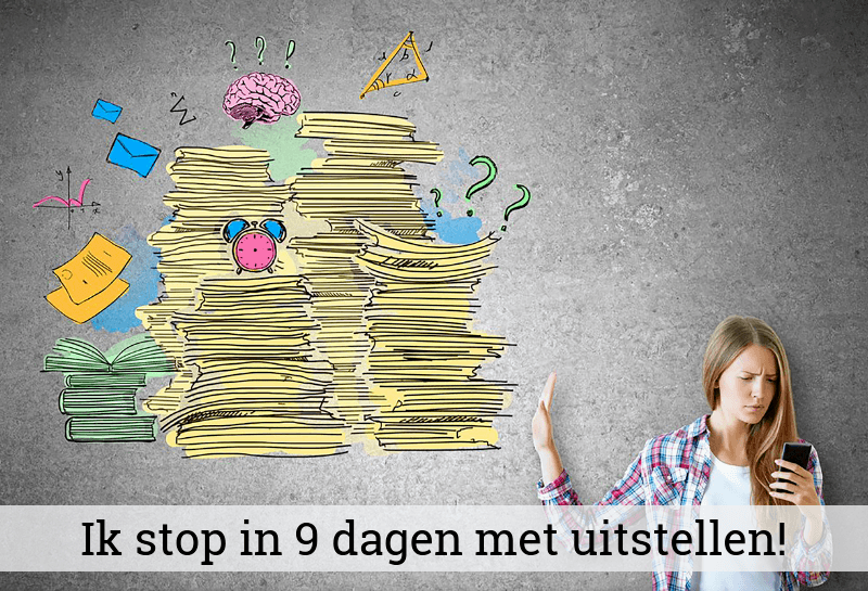 Ik stop in 9 dagen met uitstellen! Stoppen met uitstellen vrouw met telefoon