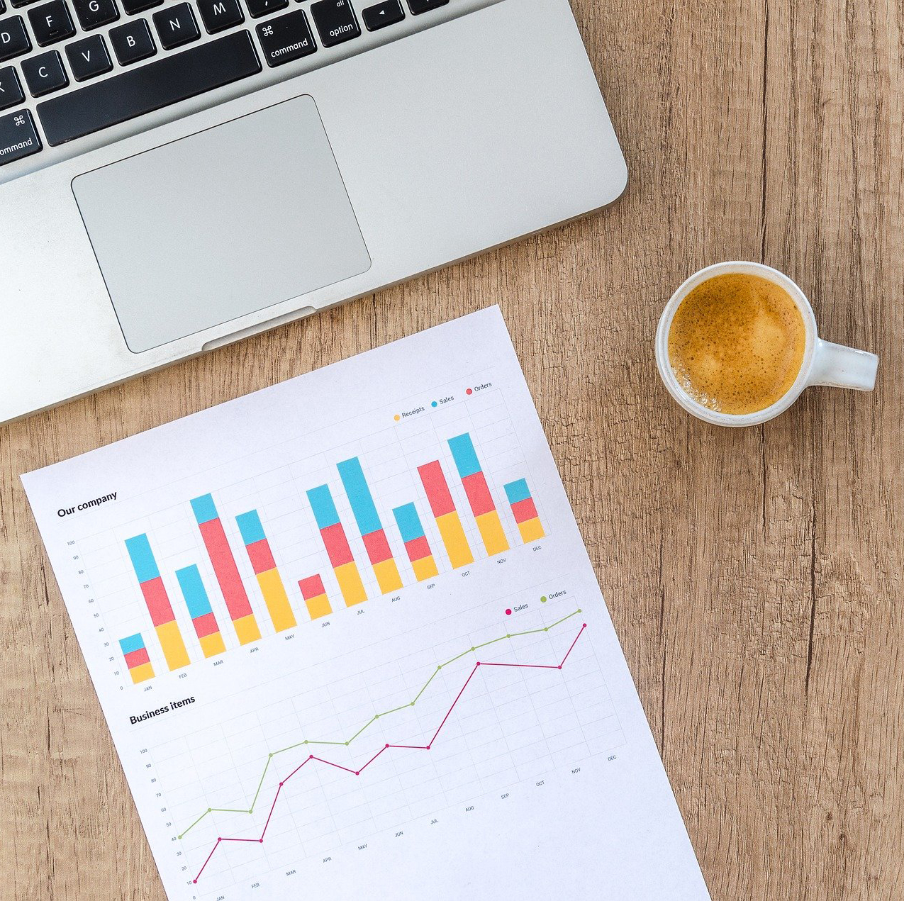 Productivity Boost Day Computer met tas koffie en blad met grafieken